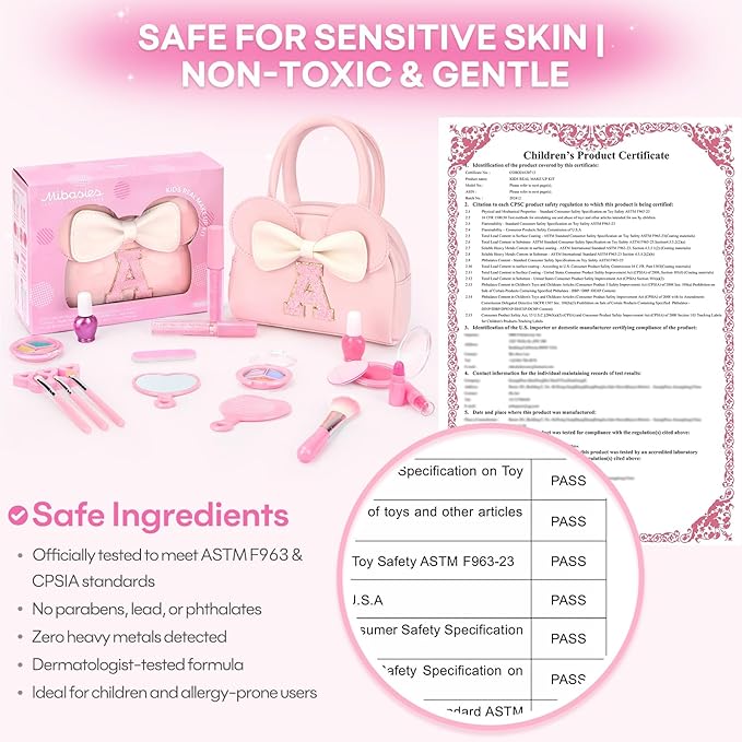 Kids Real Makeup Kit for Girls - 18Pcs Non-Toxic Washable Make Up Toys with Initial Toddler Purse - Personalized Birthday Gifts for Age 3 4 5 6 7 8 9 10 Years Old Girls Vanity Set - K