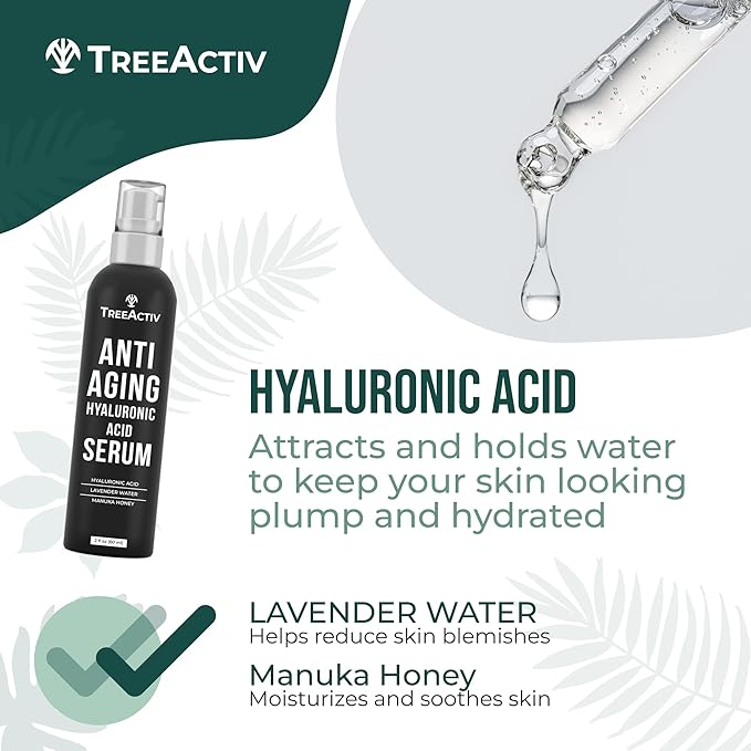 Anti-Aging Hyaluronic Acid Serum for Face 2 oz, Hydrating Wrinkle Repair for Skin Care, Pure Hyaluronic Acid Face Serum for Women, Oil-Free Anti-Aging for Advanced Skin Repair TreeActiv