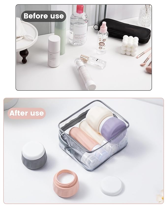 Travel Bottles for Toiletries 8 Pack, Travel Size Toiletries, Tsa Approved Travel Size Containers 3oz, with Travel Essentials Clear Bag, Leak Proof Silicone Squeezable Creams Jars