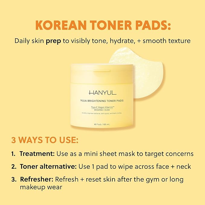 HANYUL Yuja Toner Pads | Korean Yuzu with Vitamin C & 5% Niacinamide to Visibly Brighten Dark Circles, Dark Spots, Even Tone, Glow Boosting for Face & Undereyes, 60 Sheets