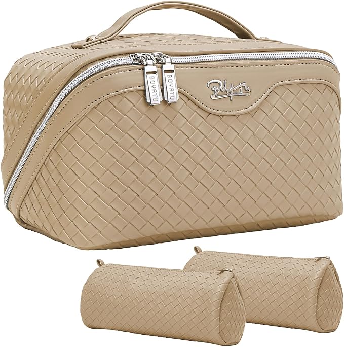 BOYATU Travel Makeup Bags for Women: Large Cosmetic Bag with Compartments - Vegan Leather Make up Bag Set of 3 - Protable Toiletry Organizer (L07 Apricot)