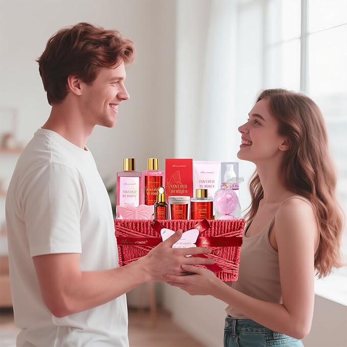 Gifts for Women,15Pcs Rose Amber Bath Relaxing Spa Gift Basket for Her, Mom, Sister, Female Friends, Daughter,Unique Bath Gift Set Idea for Women Who Have Everything, Mothers Day Gifts for Mom