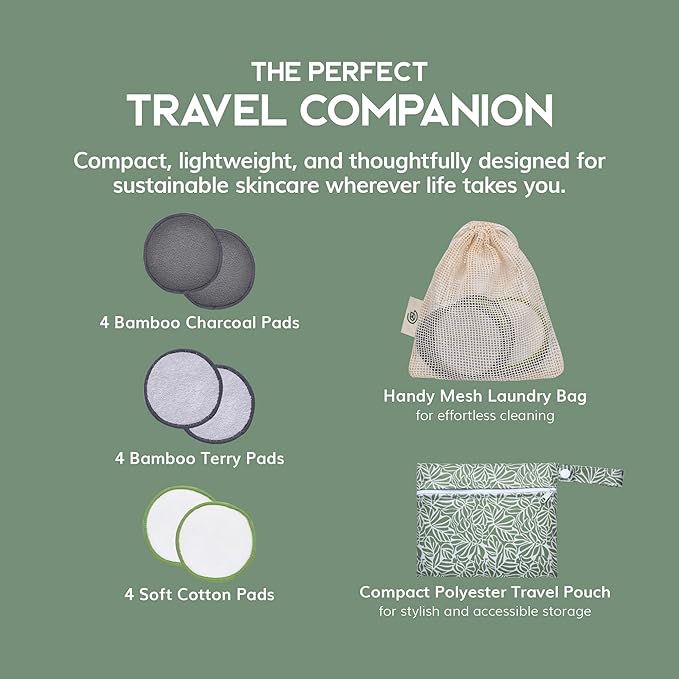 Greenzla Reusable Makeup Remover Pads Travel Set - 12 Pack Microfiber Cotton Pads, Dark Charcoal Cotton Rounds, and Bamboo Terry Face Wipes for All Skin Types with Mesh Laundry Bag and Travel Pouch