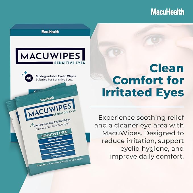 MacuHealth MacuWipes Sensitive - Pre-Moistened Eyelid Wipes for Dry, Sore & Gritty Eyes, Alcohol-Free, Rinse-Free Formula with Tea Tree Oil & Micellar Water, Individually Wrapped - 40 Count