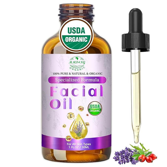 Organic Face Oil with Lavender, Rosehip, Frankincense, Pomegranate & Vitamin E - USDA Certified Cold Pressed 100% Natural Anti-Aging Facial Oil for Moisturizing, Brightening - 1oz / 30ml