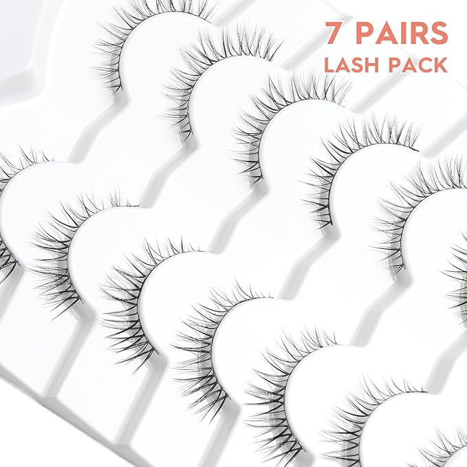 Natural Lashes Eyelashes 10mm Short Mink Lashes Wispy Eyelashes Thinner Band 3D Volume Cat Eye Lashes C Curl False Lashes 7 Pair by Siligli