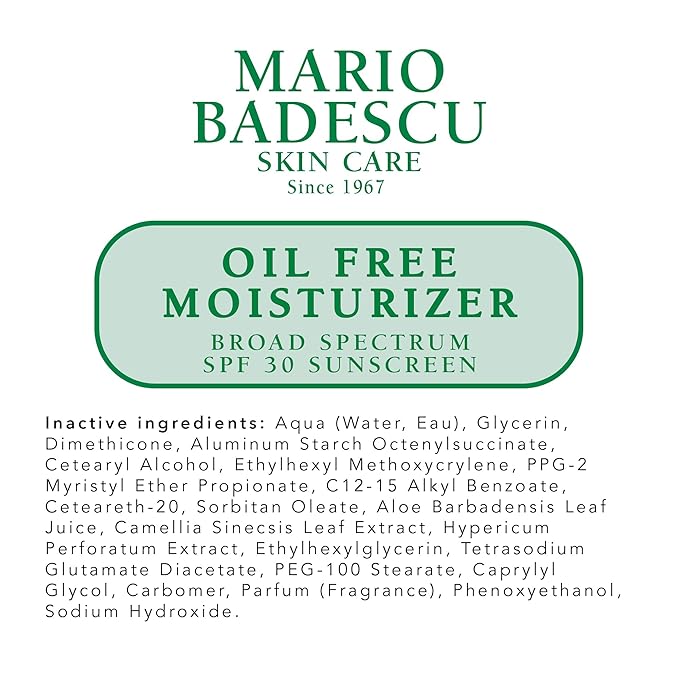 Mario Badescu Oil Free Moisturizer with Broad Spectrum SPF 30 Face Sunscreen for Combination, Oily & Sensitive Skin, Lightweight and Non-Greasy Formula with Green Tea & Aloe Vera, 2 Fl Oz