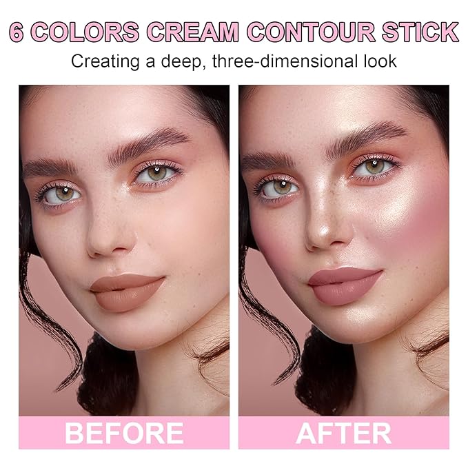 6 Colors Cream Contour Stick Makeup Kit, Shades with Highlighter Stick, Blush Stick and Double-End Bronzer Stick for Sculpt the Cheeks, Waterproof,Dewy & Matte Finish for Beginners (6 COLORS SET A)