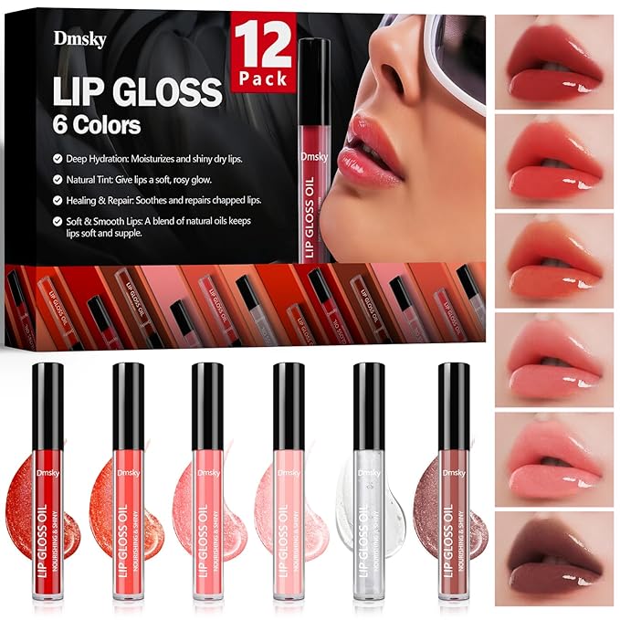 Dmsky 12 Pack Lip Gloss Set, 6 Colors Shiny Soft Lip Gloss Bulk, Lip Oil for Dry Cracked Lips Moisturizing Nourishing,Lip Stain With Rich Varied Colors For Girls and Women Makeup