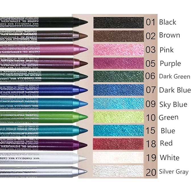 evpct 12Pcs Green Blue White Black Brown Purple Color Gel Glitter Eyeliner Pencils Set for Women Waterline Waterproof Smudge Proof lapiz de ojos delineador de ojos contra el agua Eye Liner Makeup 1-5
