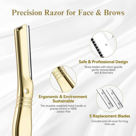 Eyebrow Razor for Women and Men, Face Razors for Women, Dermaplane Razor with Protective Silicone Cover, Reusable Metal Handle with 6 Refill Blades, Skin Care Tool - Shiny Gold