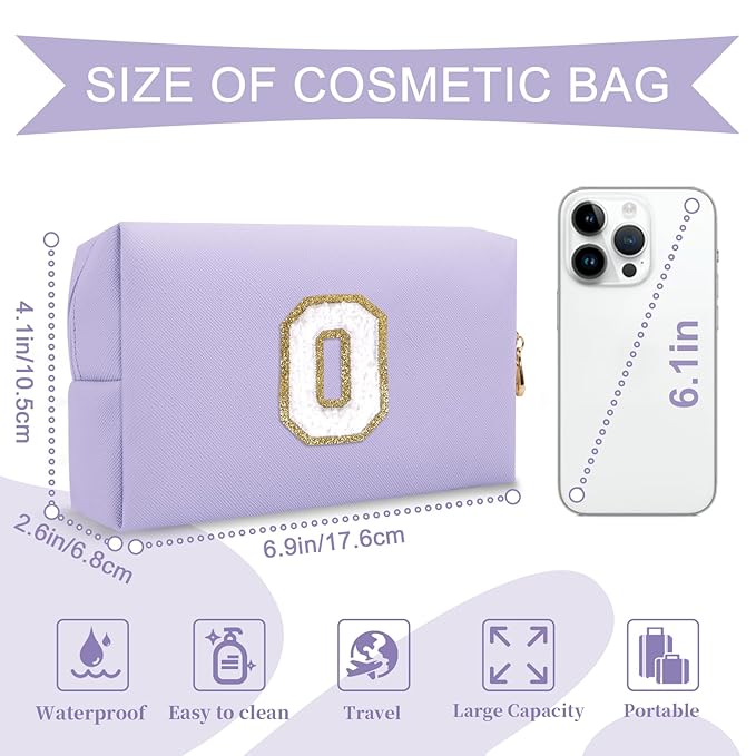 Personalized Makeup Bag Initial A-Z Preppy Patch Bag,Small PU Leather Travel Cosmetic Bag Pouch with Zipper,Purple Cute Toiletry Bag,Gift Ideal for Teen Girls Women Birthday Friend Mom,Latter O