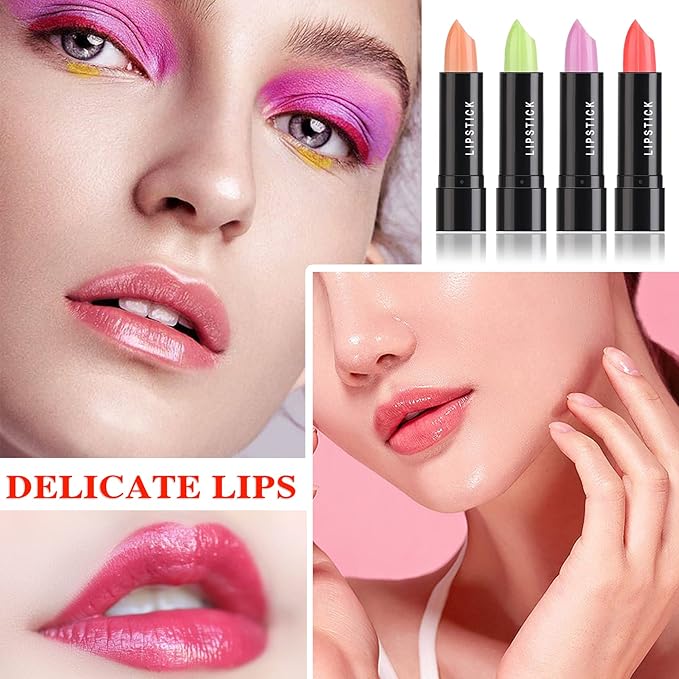 4 Pcs Color Changing Change Lipstick,Magic Lipstick Jelly Lip Balm,Moisturizer Tinted Lip Tint Stain Long Lasting Waterproof Temperature Color Change Lip Gloss