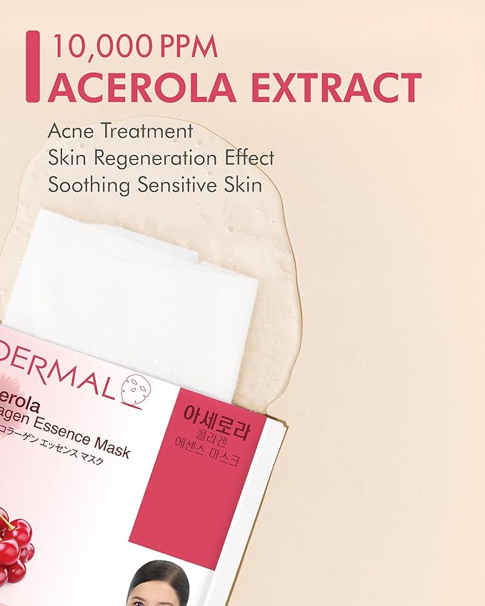 DERMAL Acerola Collagen Essence Facial Mask Sheet 23g Pack of 10 - Skin Clearing, Reduces Blemishes, Elasticity Care, Daily Skin Treatment Solution Sheet Mask