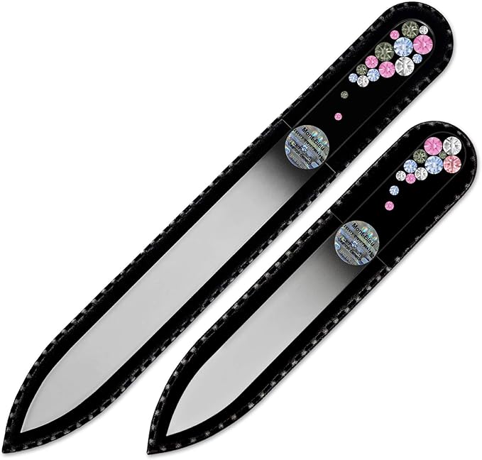 Mont Bleu Set of 2 Glass Nail Files Hand Decorated with Crystals - in Black Velvet Sleeve - Genuine Czech Tempered Glass - Gifts for her - Etched Glass Nail File for Nail Art & Nail Care