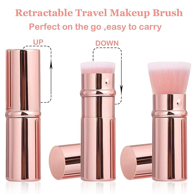 Makeup Brush 2 Pack, Retractable Travel Kabuki Powder Foundation Makeup Brush Face Blush Brushes for Blending Liquid, Blush, Bronzer, Buffing, Sunscreen,Flawless Cosmetics