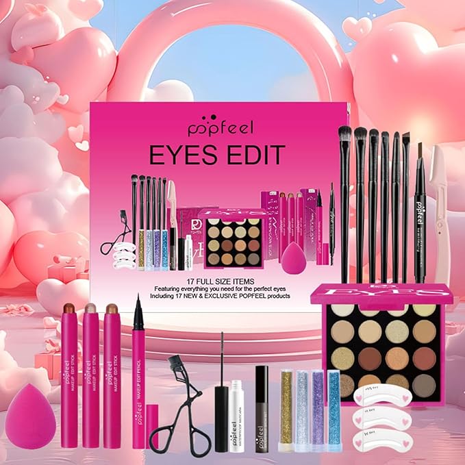 Eyes Makeup Sets Makeup Kits for Teens,with 16 Colors Eyeshadow Palette,Makeup Brushes,Eyeshadow Stick,Eyebrow Pencil,Eyelash Curler,Eyeliner,Glitter Gel,Makeup Gift Set for Girls Women