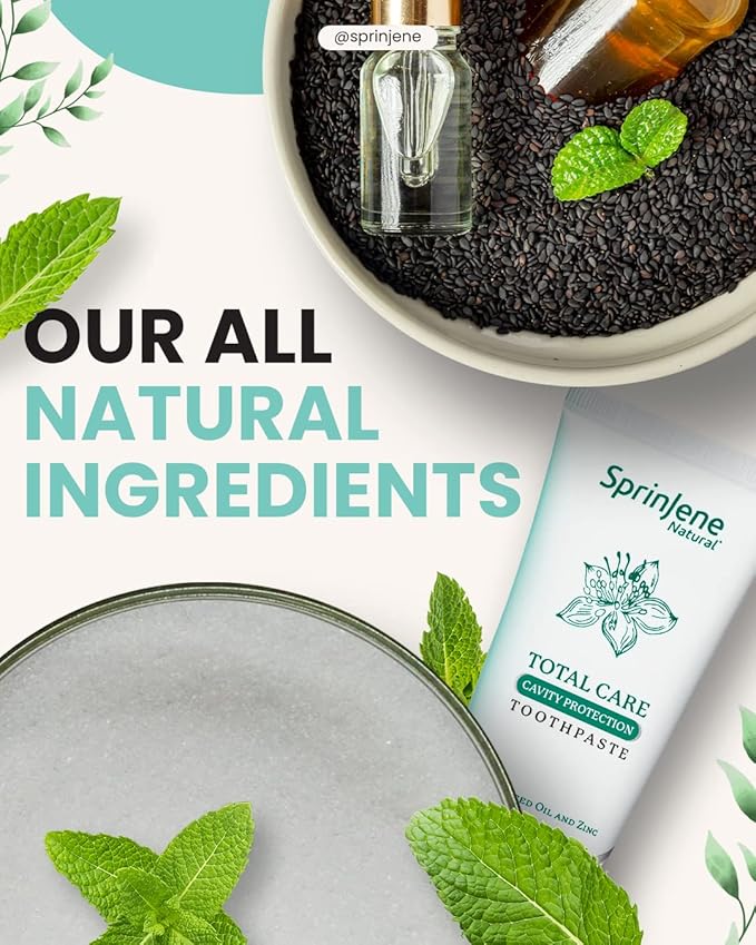 SprinJene Natural Total Care Fluoride Free Toothpaste – Patented Formula with Black Seed Oil & Zinc – Dry Mouth Toothpaste for Fresh Breath & Strong Teeth – Made in The USA (4 Pack)