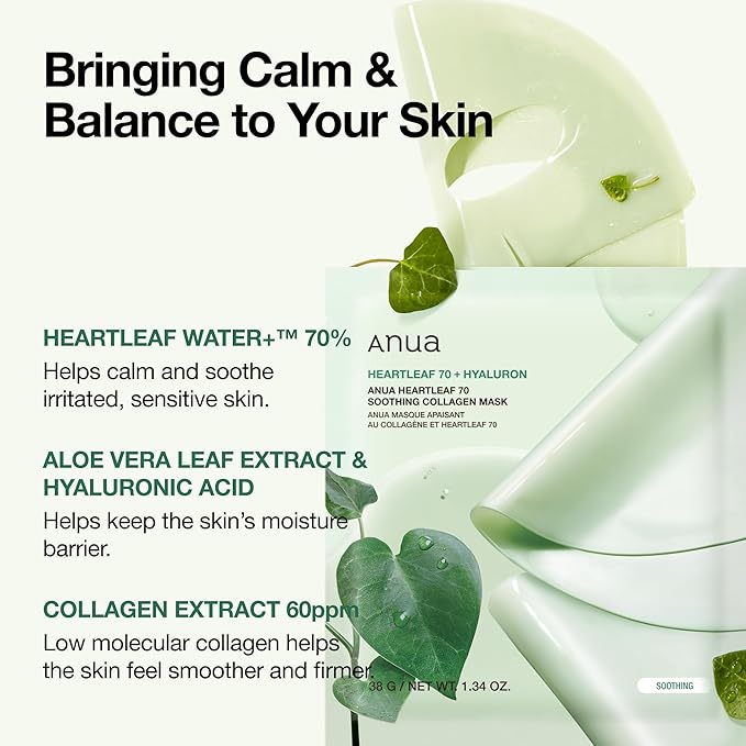 ANUA Heartleaf 70 Soothing Collagen Mask, Overnight Face Mask for Glass Skin, hyaluronic acid, Collagen, Soothing & hydration Facial Mask for Sensitive Skin, Natural Color, Korean Skin Care (38g, 4ea)