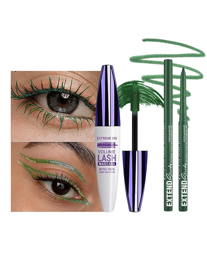 Green Mascara and Eyeliner Set,5D Waterproof Mascara Volume and Length Natural Lengthening Curling, Smudge Proof Green Eyeliner Pencil, Natural Eye Makeup Gift Kit for Women in Halloween Set-06