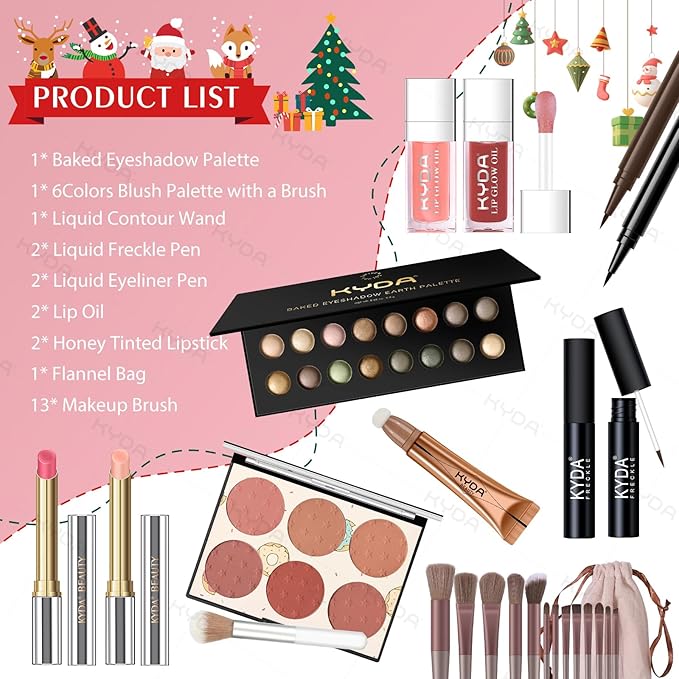 KYDA 24Pcs All In One Makeup Kit, Christmas Makeup Gift Full Kit Includ Eyeshadow,Freckle Pen,Lipstick,Lip Oil,Eyeliner,Contour, 13 Brushes, Professional Makeup Set for Women Beginners Teenager Girls