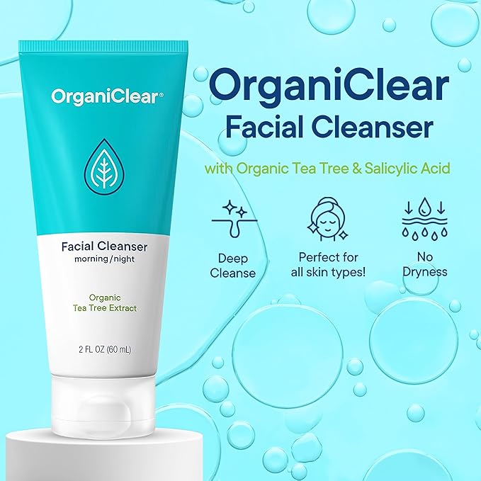 Facial Cleanser w/Organic Tea Tree & Salicylic Acid – Gentle Daily Foaming Gel Face Wash for Deep Cleansing & Makeup Removal – Unclogs Pores, Eliminates Dirt & Oil, (2 oz) 2 Pack