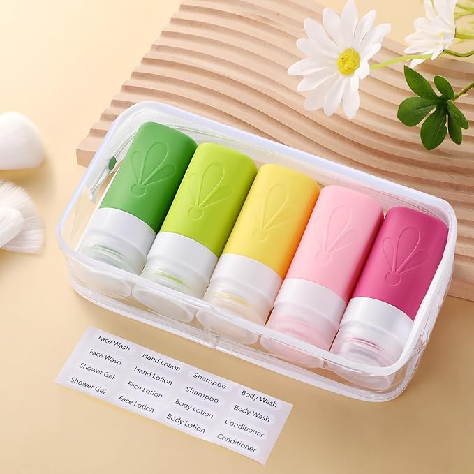 INSFIT Travel Bottles for Toiletries, TSA Approved 2oz Travel Size Containers, BPA Free Leak Proof Squeezable Silicone Tubes for Shampoo Conditioner Lotion Soap with Labels