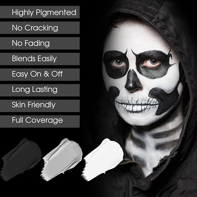 BADCOLOR 3PCS Black White Grey Face Body Paint Stick Makeup for Skull Skeleton Goth Mime SFX Cosplay & Dress Up, Full-Coverage Halloween Facepaint Makeup Kit