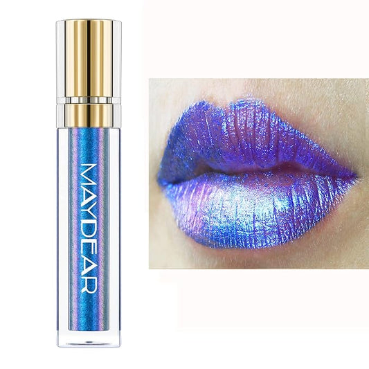 Maydear Chameleon Lipstick High Pigmented Multichrome Lipstick, Long-Lasting Metallic Shine Lip Gloss, Full-Coverage Rainbow Lip Color for Women, Blue Cyan (03)