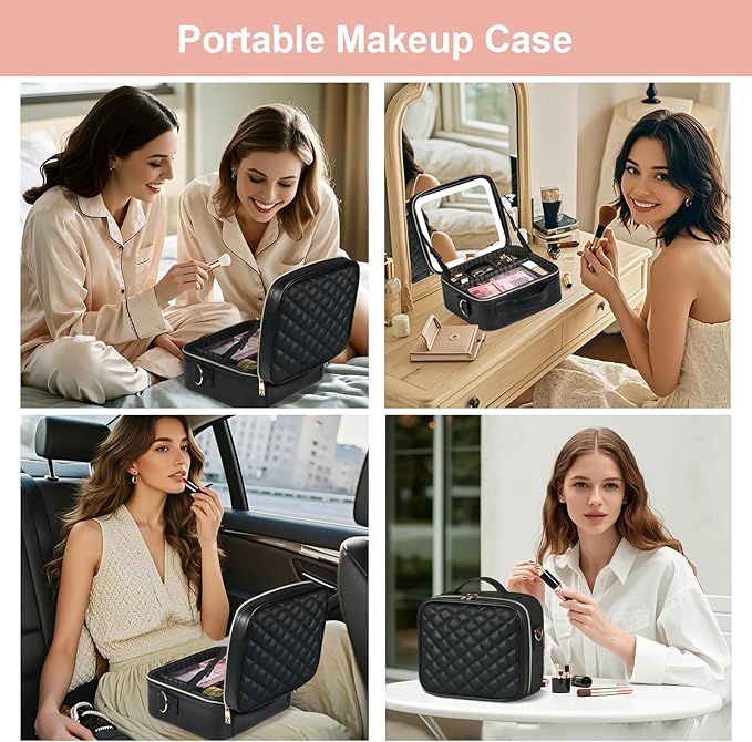 BEAUTY CASE Makeup Bag with Led Mirror, 10 Inch Portable Travel Cosmetic Organizer Case with Adjustable Dividers, USB Charging, Large Capacity, Ideal for Travel, Gift for Women Girls, Black