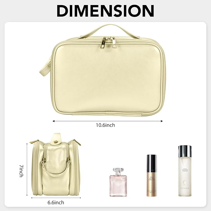 Travel Makeup Bag Women's Large Capacity Cosmetic Portable Organizer Large Opening Waterproof Storage Toiletry Bags Vertical Free-Standing Brush Holder for Easy Access Gold