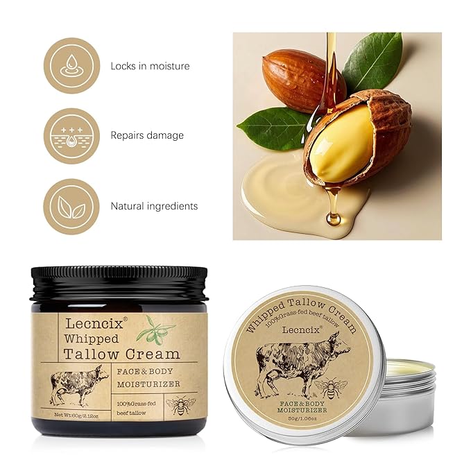 2PC Grass-Fed Beef Tallow for Skin,Tallow Face Moisturizer All-Natural Skin Care,Beef Tallow for Body & Face Moisturizer(Original,2.12+1.06Oz)