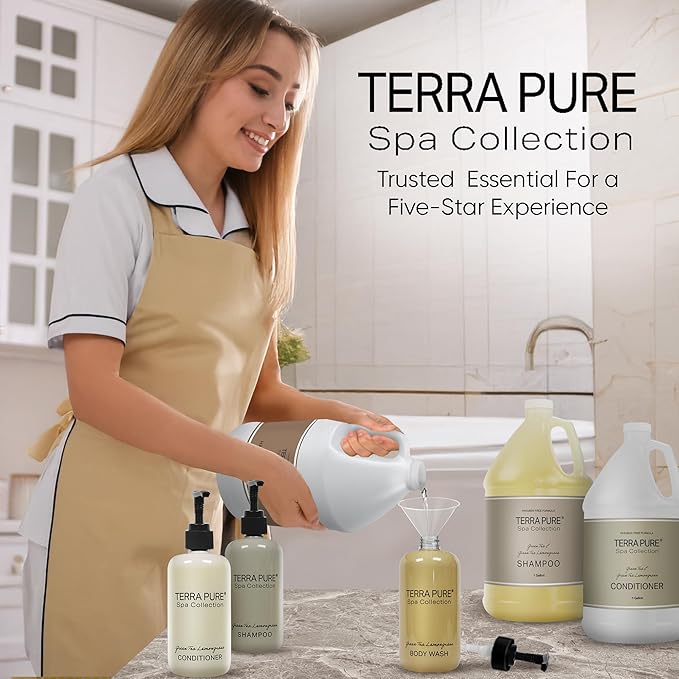 Spa Collection Gallon & Dispenser Set | 1-Shoppe Amenities Kit | Shampoo, Conditioner, Body Wash | Refillable 10.14 oz Pump Bottles