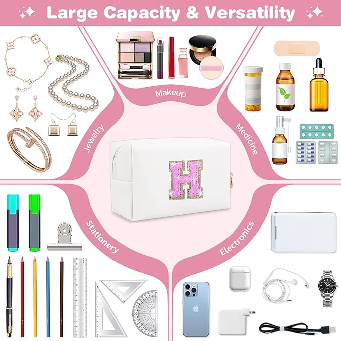 Small Initial Patch Makeup Bag Personalized Gifts Make Up Bag,White Cute PU Leather Glitter Letter Cosmetic Bag with Zipper,Trendy Portable Travel Toiletry Pouch,Preppy Stuff for Teen Girls Women H