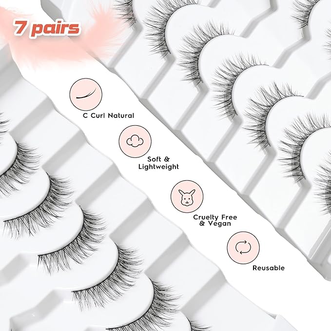 Lashes Wispy Eyelashes False Eyelashes 10MM Short Lash Thin Band Strip Lashes Natural Lashes 3D Volume Eyelashes Soft False Lashes 7 Pair Siligli