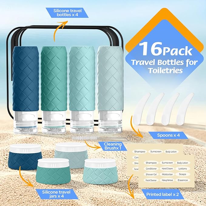 16 Pack Travel Bottles for Toiletries, TSA Approved Travel Size Toiletries Containers Set, BPA-Free Silicone Leak Proof Refillable Bottles Stackable Creams Jars Accessories Kit W/Clear Bag Mint Green