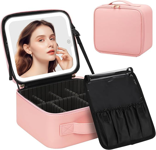 Chomeiu Makeup Bag with LED Mirror, Cute Cosmetic Bags Birthday Gifts for Girls Women, Makeup Train Case Artists Organizer Large Make Up Bags with Light Up Mirror 3 Color Lights, Pink 2