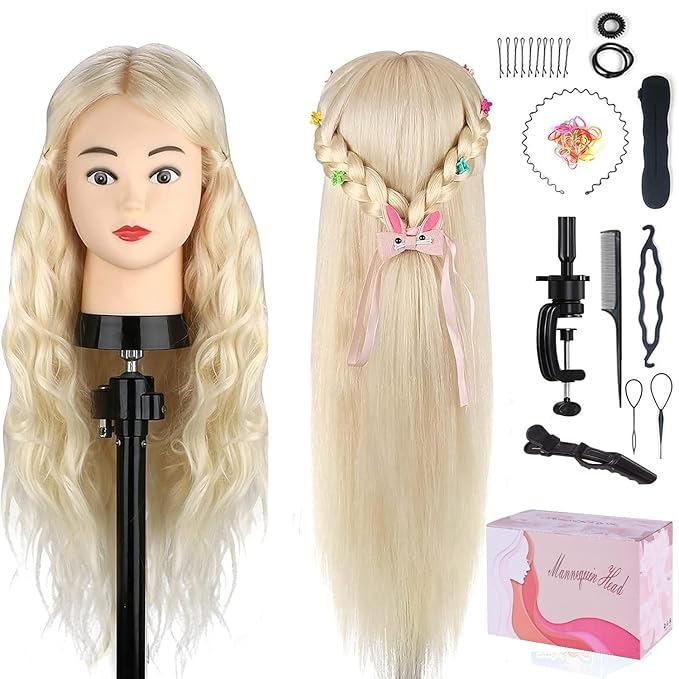 Beauty Star Mannequin Head with 80% Real Human Hair, Doll Head for Hair Styling, Cosmetology Training Manikin Practice Head with Clamp Stand and Braiding Kit (Suitable for Straightening, Curling)