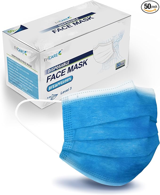 FriCARE Disposable Face Masks, 3-Ply ASTM Level 3 Medical Grade, FSA/HSA Eligible, Breathable & Comfortable for Allergy/Sun Protection, 50 Pack Medium Blue