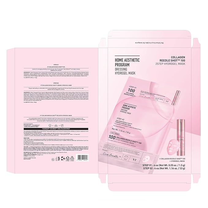 VT COSMETICS Collagen Reedle Shot 100 2-Step Hydrogel Mask(34.5gx4ea), Intensive Firming, Exosome 500Da Collagen, Fine Lines, Overnight Melting Mask, Korean Facial Mask, Pink Collagen