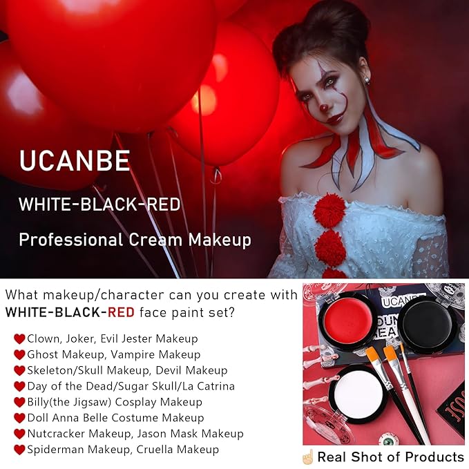 Goth White Foundation + Black Red Face Body Paint for Halloween Makeup, Face Painting Kit with Brushes Facepaint Set for Kids Adults Clown Vampire Skull SFX Make Up Costume Cosplay Party Theater Stage