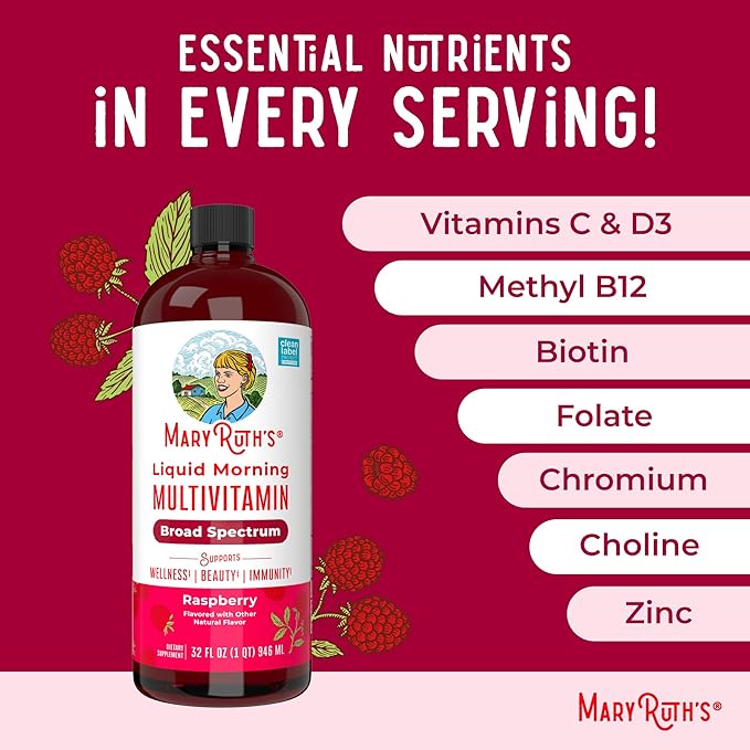MaryRuth Organics Liquid Morning Multivitamin for Women, Men & Kids | Vitamin A C D E B6 B12 Biotin Zinc | Beauty | Vegan | Non-GMO | Gluten Free | 32 Servings