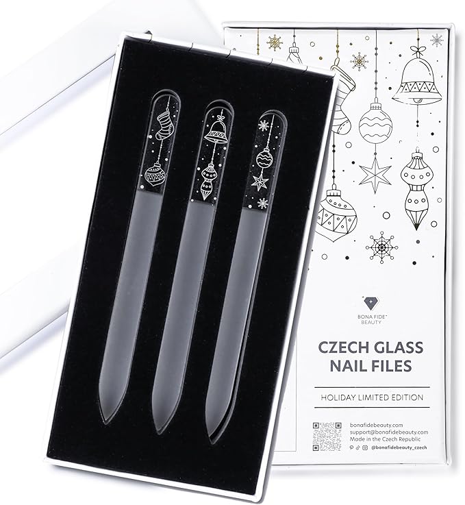 Christmas Gift Set - 3 Czech Glass Nail Files, Ideal Stocking Stuffer for Teen Girls, Beautiful Nail Care Gift for Women, Limited Edition by Bona Fide Beauty