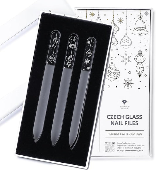 Christmas Gift Set - 3 Czech Glass Nail Files, Ideal Stocking Stuffer for Teen Girls, Beautiful Nail Care Gift for Women, Limited Edition by Bona Fide Beauty