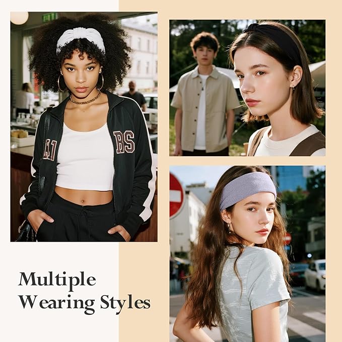 Headbands for Women, Wide Elastic Head Bands, Non-Slip Thick Hair Bands, Sports Stretchy Sweat Bands, Large Knotted Soft Headband for Washing Face, Makeup, Workout, Spa, Two Black/White/Gray