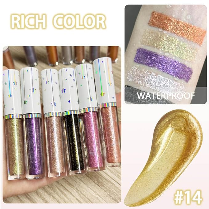 evpct Liquid Shimmery Glitter Eyeshadow Eyeliner, High Pigment Colored Metallic Eyeshadow Stick Eyeliner, Waterproof Long Lasting Sparkle Eye Makeup Set for Women, 14# Satin Sheen Gold