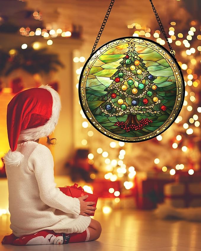 Stained Glass Window Hanging - Green Christmas Tree Gold Ribbon Suncatcher for Doors Home Christmas Decoration Sun Catcher Thanksgiving New Year Birthday Gifts for Women Men Mom Nana 15 in
