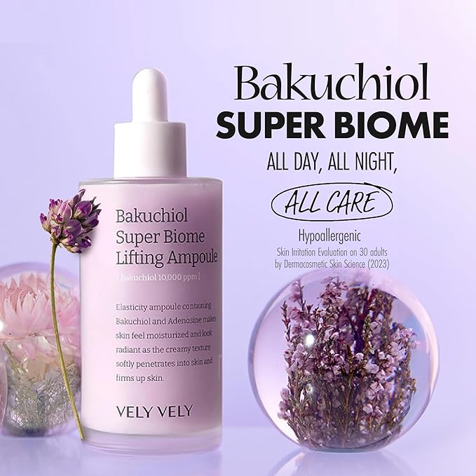VELY VELY Bakuchiol Super Biome Lifting Ampoule Serum - Age-Defying Hydrating Firming Pore Serum Ampoule Korean Skin Care - Hypoallergenic Bakuchiol Oil Face Moisturizer w/Niacinamide (3.38 fl oz)