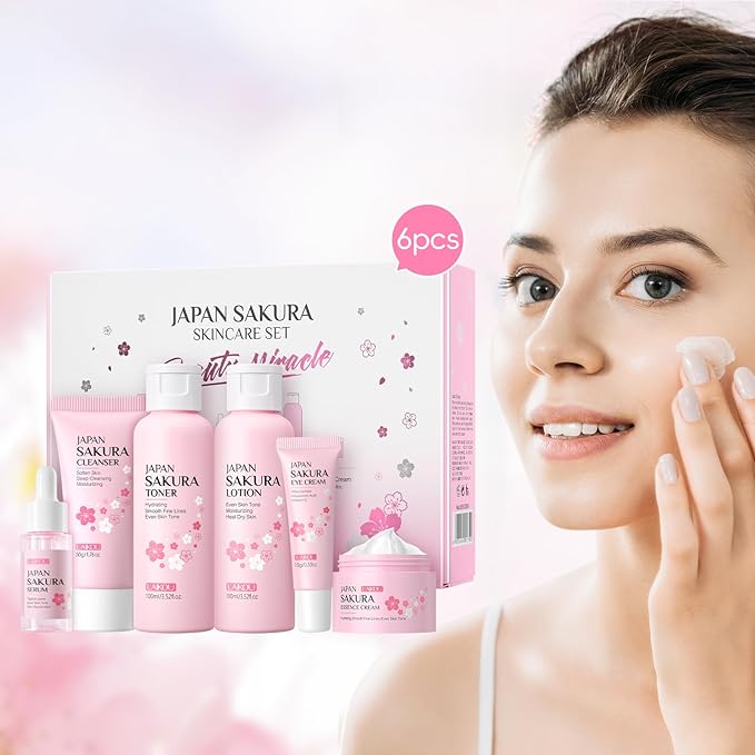 Skin Care Set JAPAN SAKURA Women Beauty Gift Sets Skin Care Kit with Cleanser, Toner, Lotion, Serum, Eye Cream, Face Cream Travel Kit for Women Teen Girls Mom Daughter TSA-friendly Sizes 6pcs