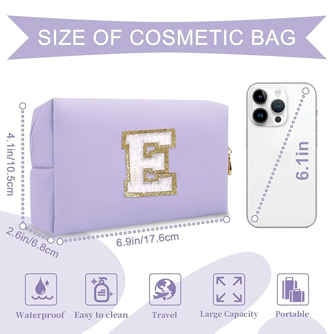 Personalized Makeup Bag Initial A-Z Preppy Patch Bag,Small PU Leather Travel Cosmetic Bag Pouch with Zipper,Purple Cute Toiletry Bag,Gift Ideal for Teen Girls Women Birthday Friend Mom,Latter E